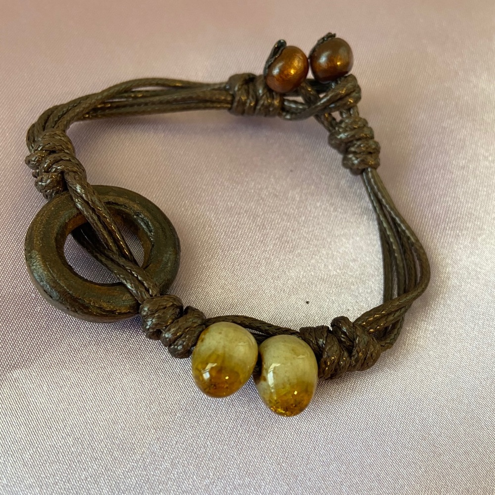 Ceramic Bead Charm Wood Bracelet BOHO Bolo - Picture 7 of 9